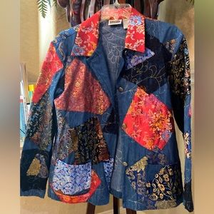 Chicos- Design Line- Oriental Silk style Patchwork Denim Jacket - Chicos Size 2